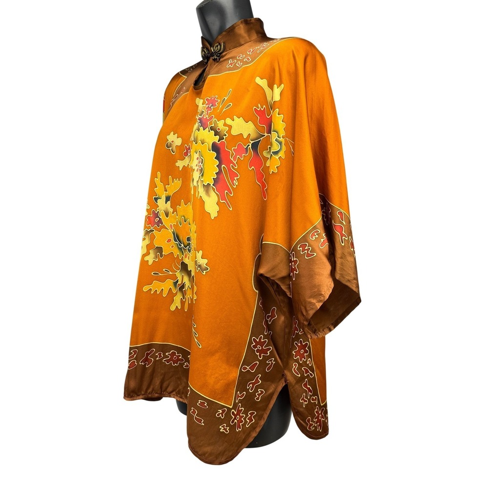 AMAZING GRACE 100% Silk Floral Mandarin Collar Frog Closure Orange Brown Tunic